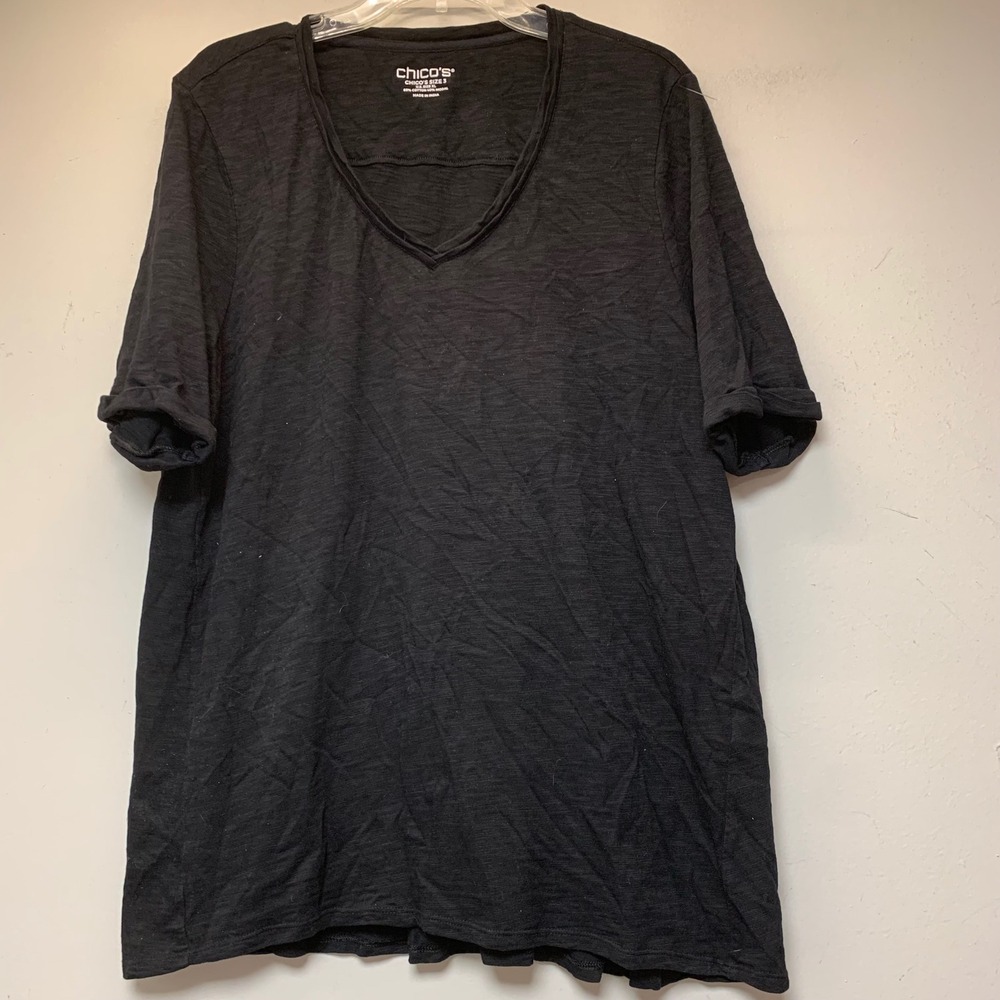 Chico's V-Neck T-Shirt Womens XL Size 3 Black Excellent Slub Knit Cotton Modal